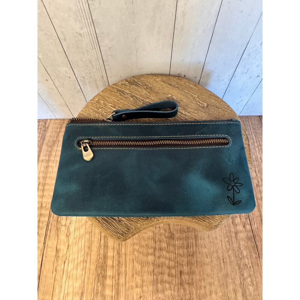 Genuine Leather Ocean Blue Dark Makeup Bag Artist Pouch Leather Wristlet Bag